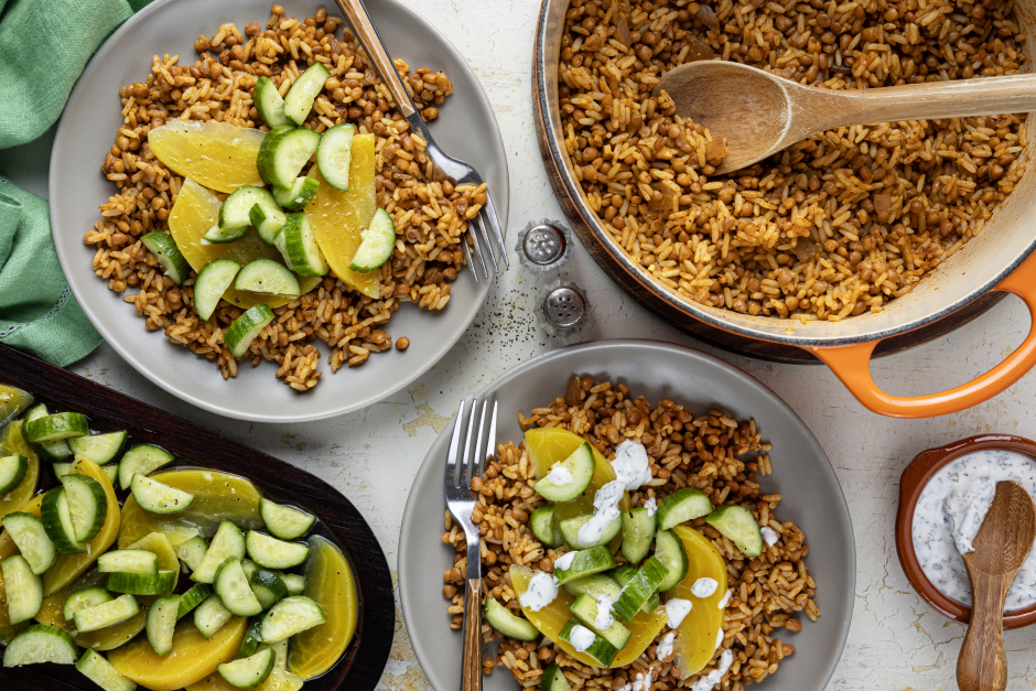 Bols mujadara aux betteraves et lentilles