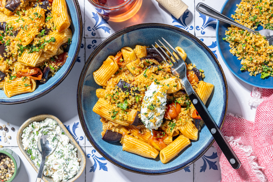 Rigatonis alla norma avec aubergines rôties