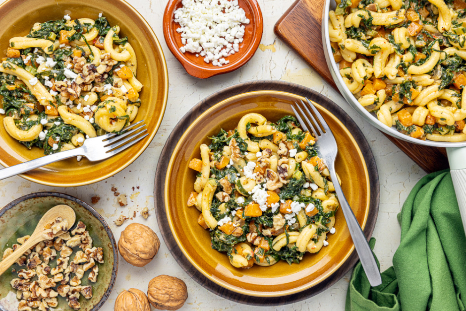 Fresh Gemelli Pasta with Caramelized Onions, Walnuts & Goat Cheese