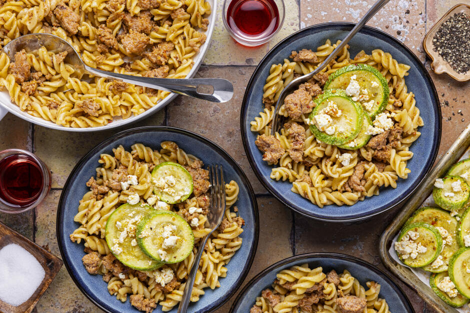 Quick Sausage & Creamy Tomato Pesto Fusilli