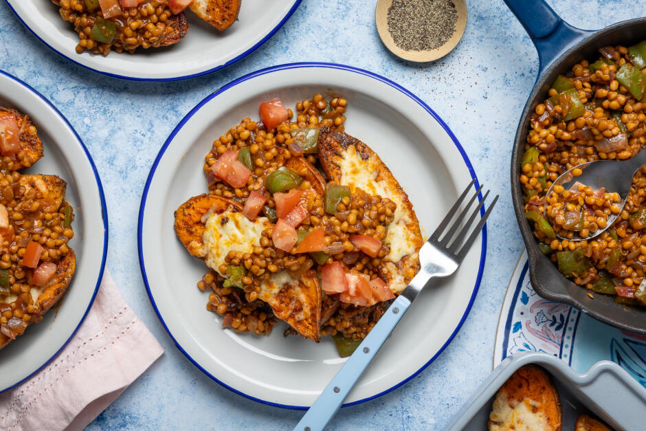 Cheesy Lentil Loaded Sweet Potatoes