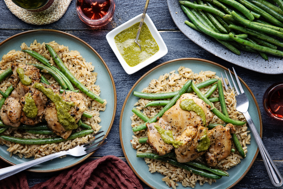 One-Pot Basil Pesto Chicken Thighs