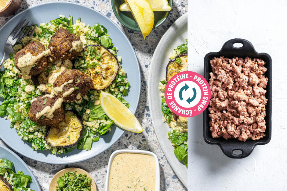 Échange de protéine | Mezze de boulettes de saucisse et d'aubergines style Afrique du Nord