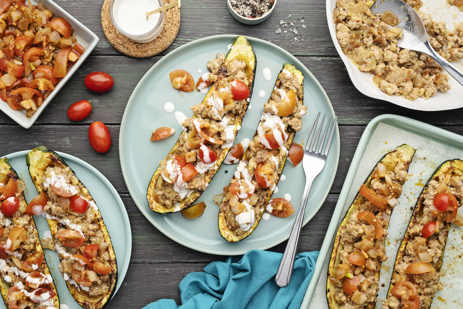 Keto: Salsa Verde Ground Pork Stuffed Zucchini Boats