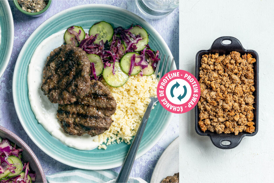 Échange de protéine | Bols de mezze aux galettes de chorizo à la grecque