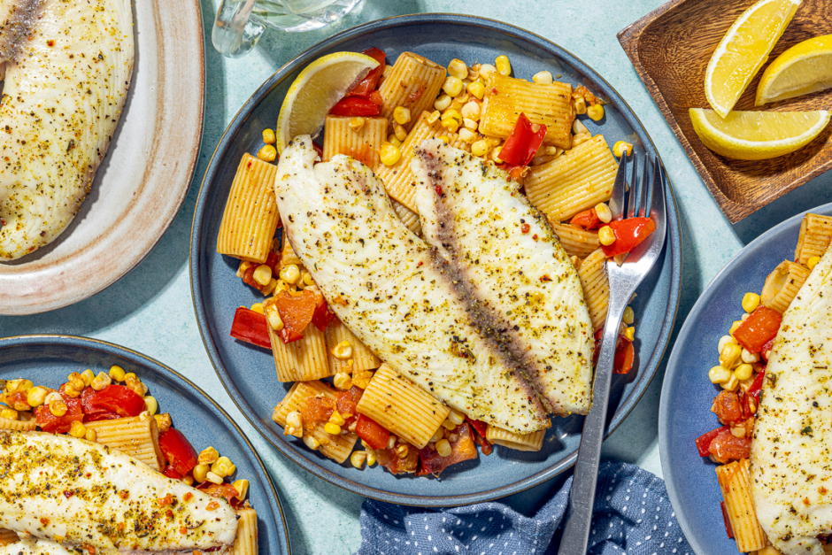 Tilapia citroné sur rigatonis au beurre et aux tomates