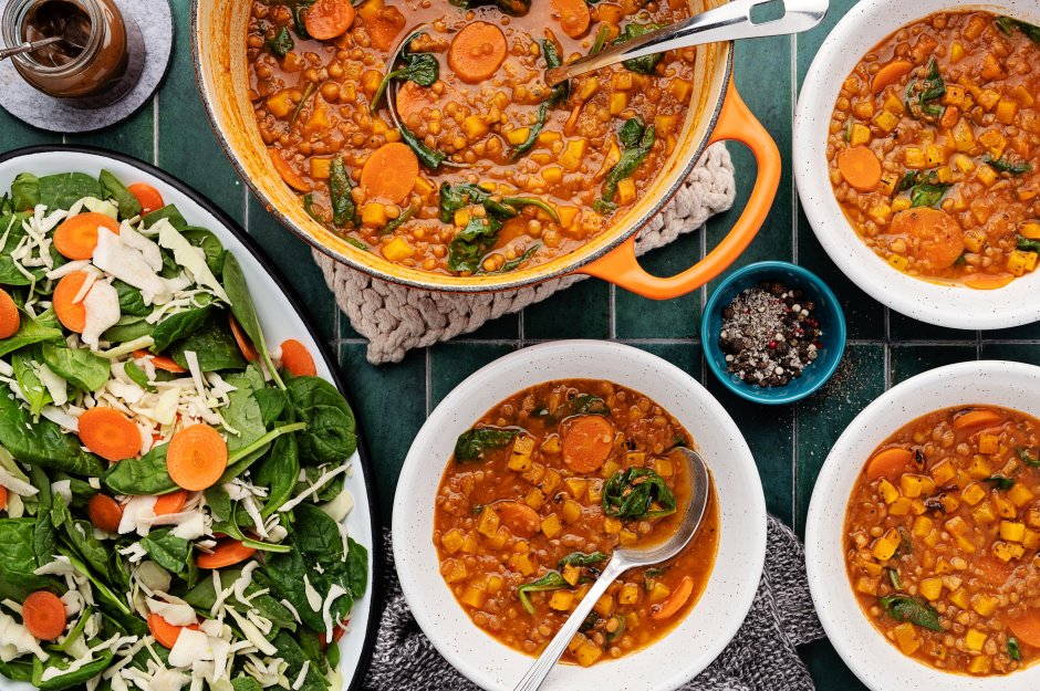Hearty Lentil, Carrot & Roasted Butternut Squash Soup