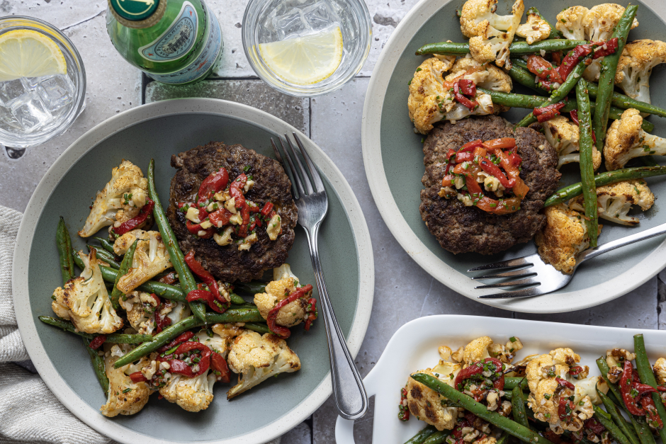 Paleo: Beef Burger Patties with Walnut-Roasted Pepper Sauce