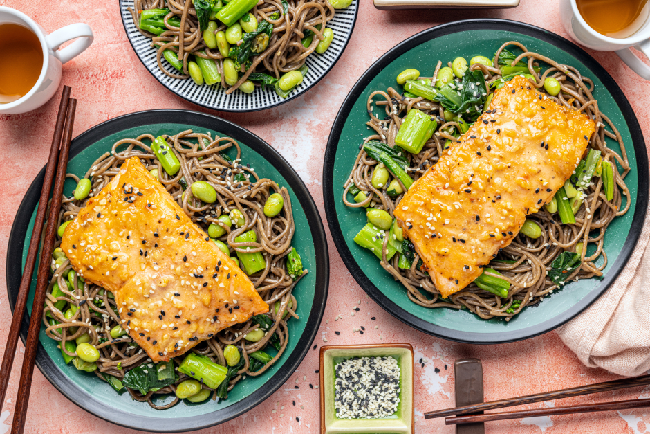 Quick Honey-White Miso Salmon with Soba Noodles & Yu Choy