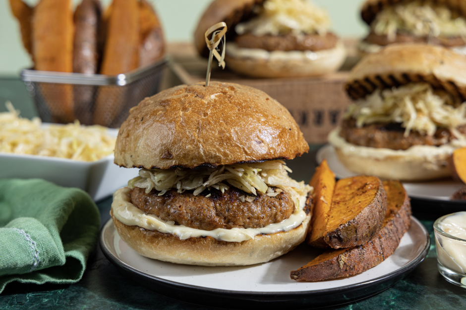 BBQ Pork Sausage Burgers with Roasted Garlic Mayo