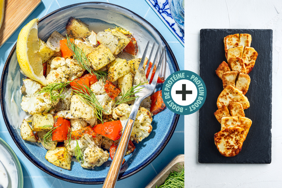 Boost de protéines | Bols de souvlaki de choux-fleurs au four avec halloumi