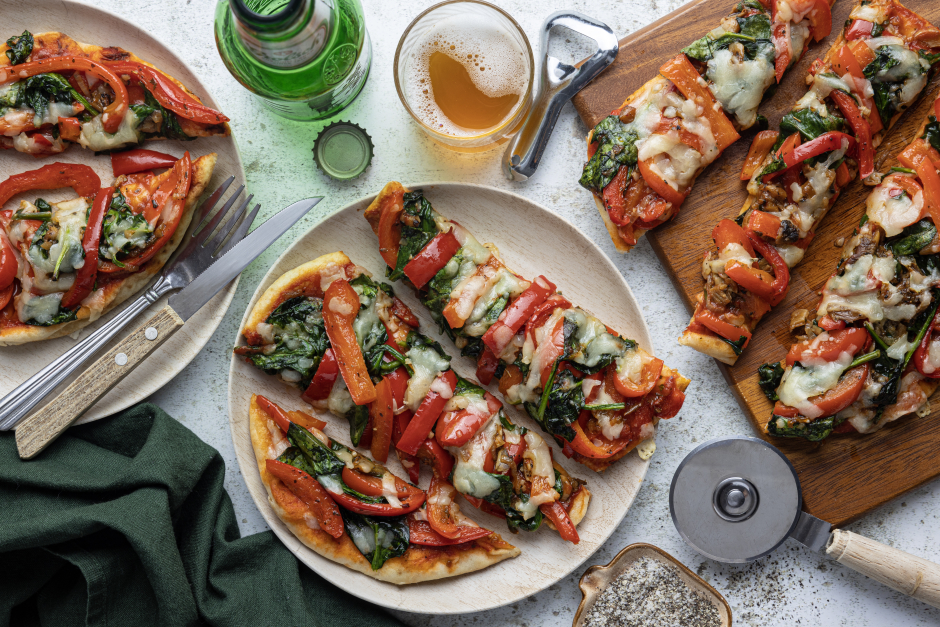 Sautéed Sweet Pepper, Greens & Roasted Garlic Naan Pizzas