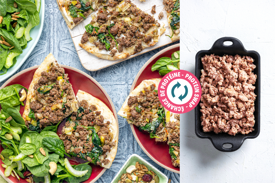 Protein Swap | Steak-Spiced Ground Pork, Leek & Labneh Flatbreads