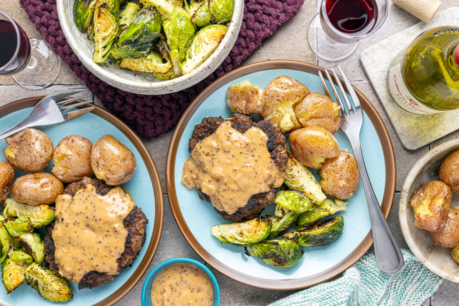 Browned Beef Patties with Creamy Whole-Grain Mustard Sauce