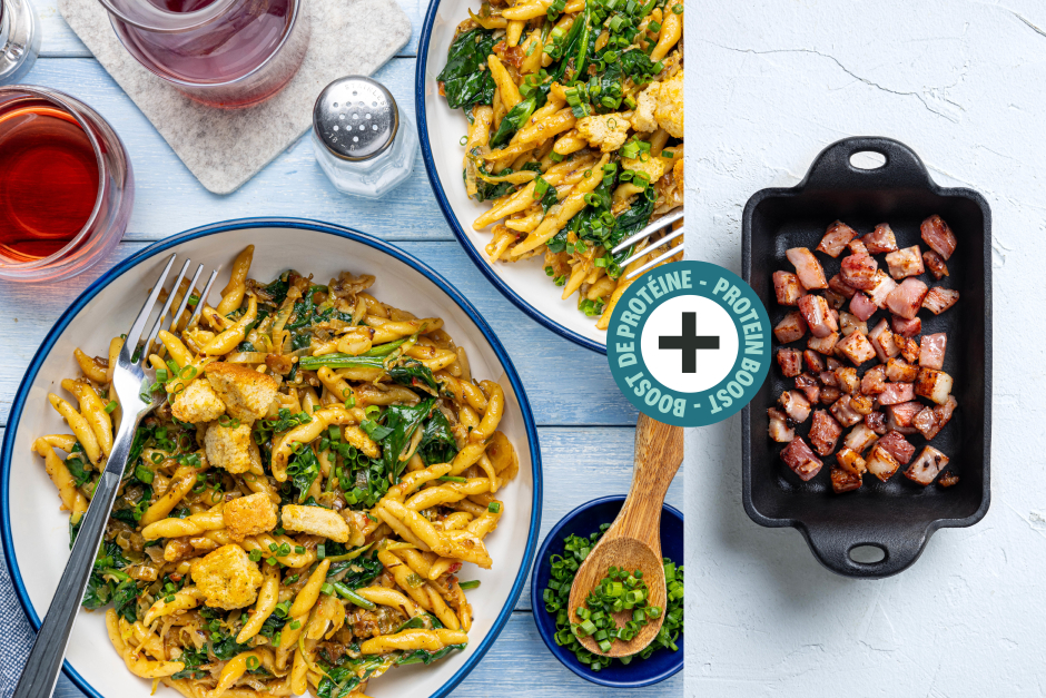 Protein Boost | 10-Minute Fresh Trofie with Pancetta & Chive-Crouton Garnish