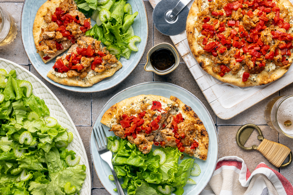 Pork Sausage, Ricotta & Roasted Pepper Naan Pizzas