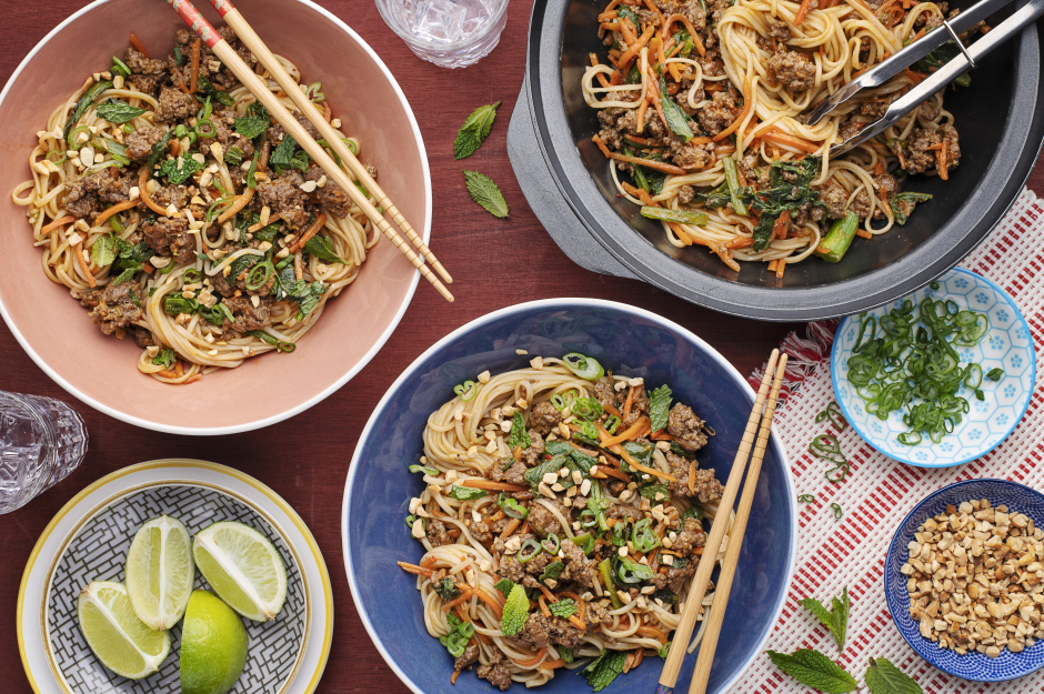 Fast Thai-Style Ground Beef & Peanut Shanghai Noodles