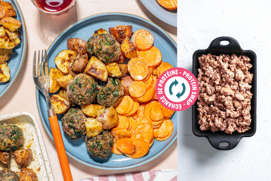 Échange de protéine | Boulettes de porc aux légumes verts incognito sur plaque