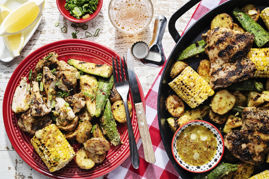 Grilled Chicken Thighs with Charred Corn & Zucchini