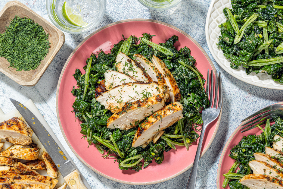 Grilled Chicken Breasts over Lacinato Kale Salad