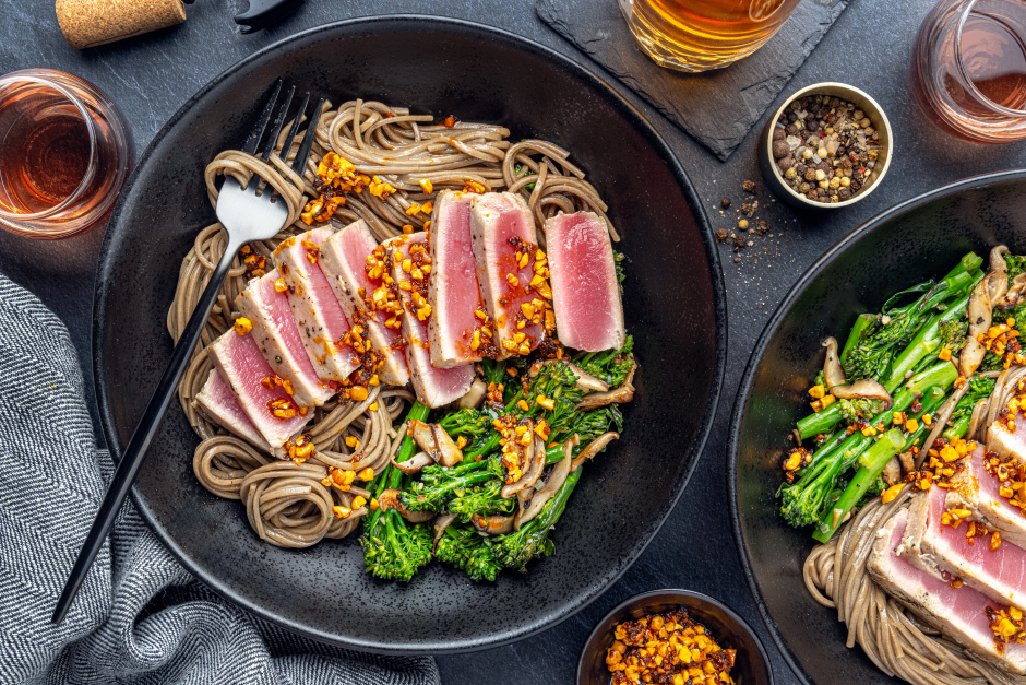 Seared Wild-Caught Tuna over Teriyaki Soba Noodles