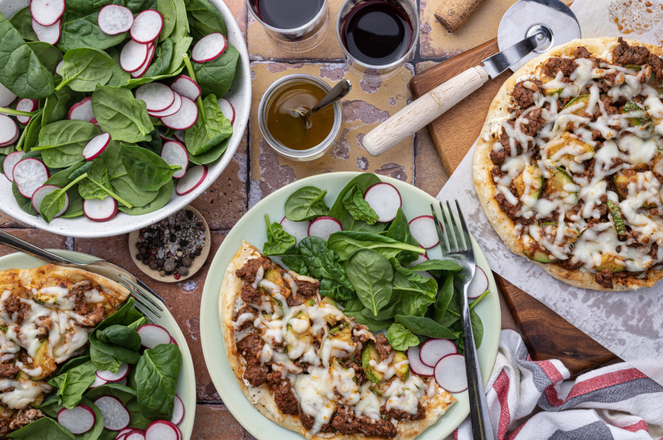 Fast Lasagna-Inspired Ground Beef Naan Pizzas