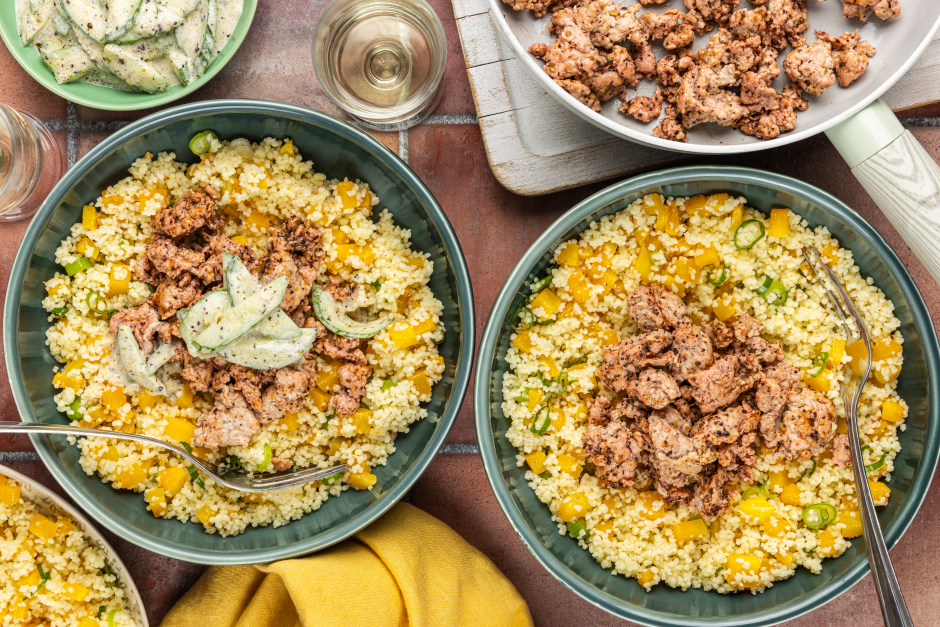 Quick Ground Pork over Squash & Scallion Couscous