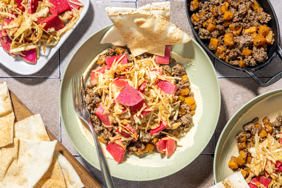 Ground Beef & Squash Hummus Mezze