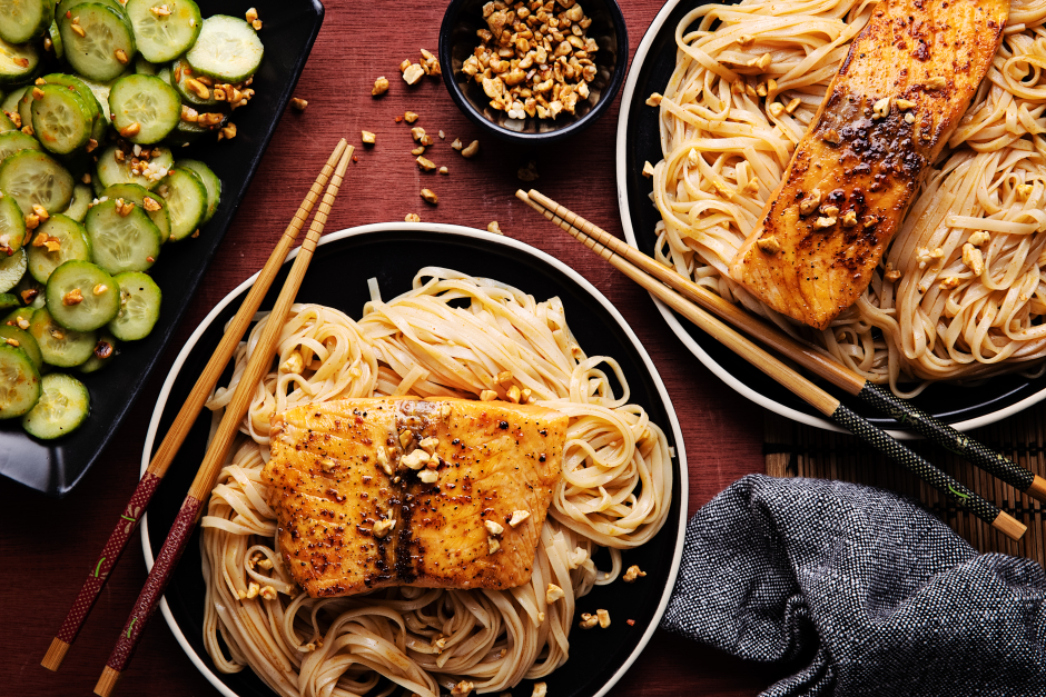 10-Minute Salmon over Spicy Rice Noodles