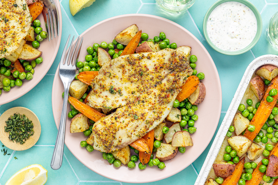 Tilapia Traybake with Tarragon-Mustard Dip