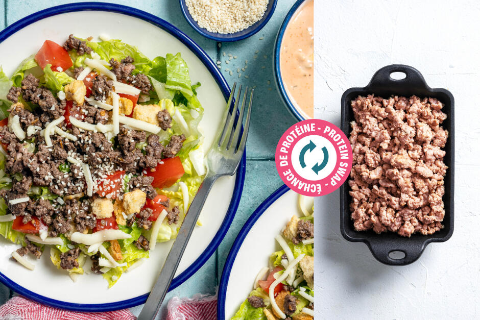Échange de protéine | Salade style cheeseburger au porc