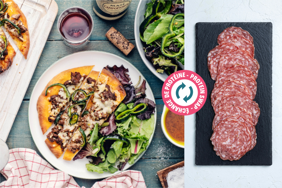 Protein Swap | BBQ-Sauced Salami & Poblano Pepper Naan Pizzas