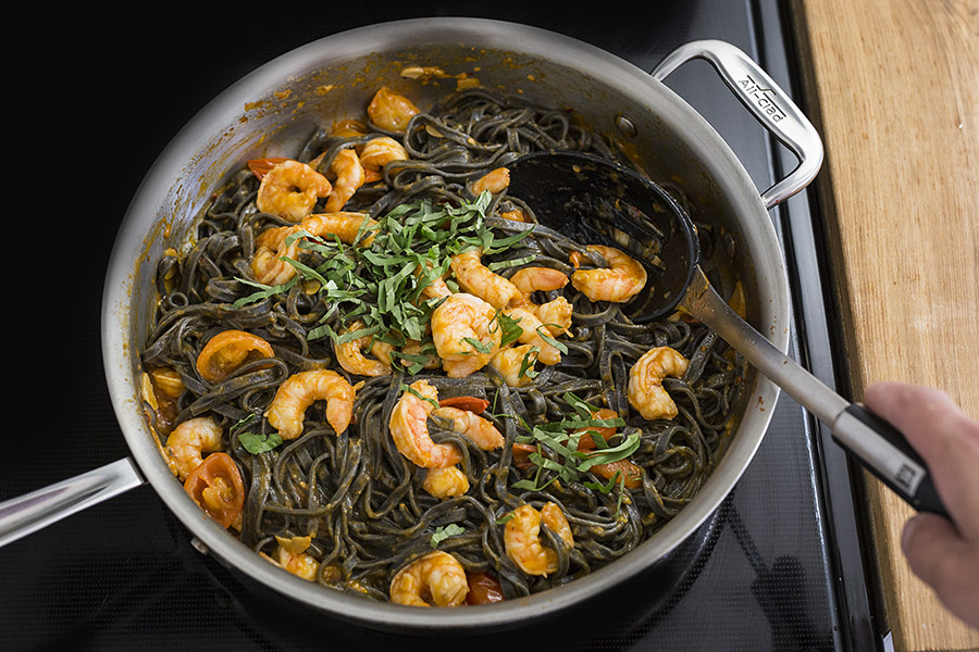 Fresh Squid Ink Fettuccine n' Shrimp Lobster DemiGlace and Burst