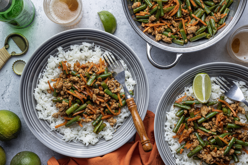 Sesame-Spiced Ground Pork, String Bean & Carrot Bowls