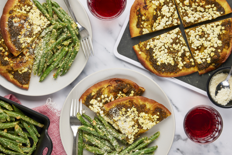 Roasted Garlic, Pesto & Goat Cheese Naan Pizzas