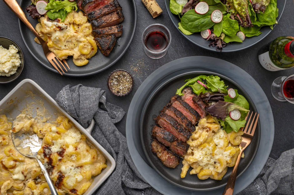 Seared Striploin Steak & Cacio e Pepe Gratin