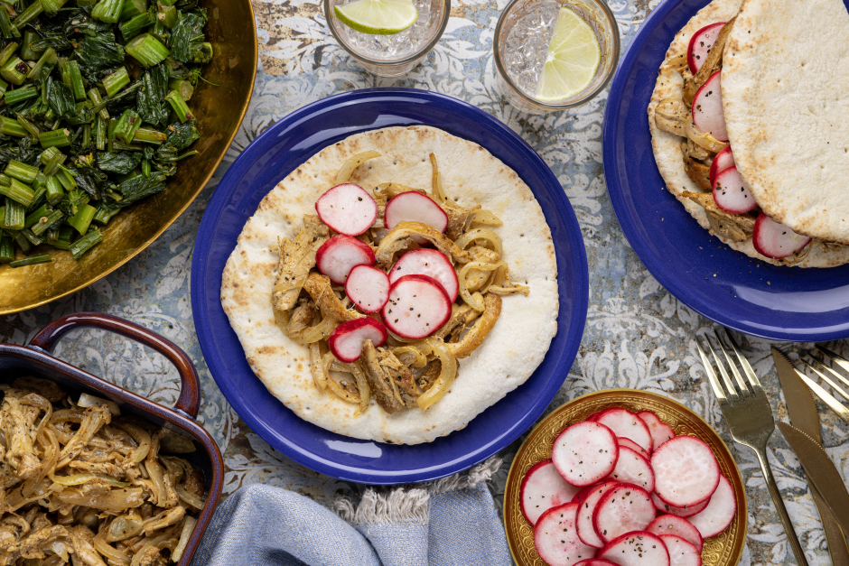 One-Pan Indian-Spiced Pulled Chicken Pita