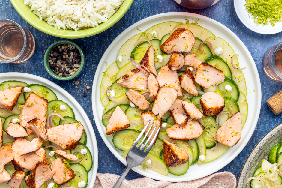 Seared Salmon over Ceviche-Style Cucumbers & Apple