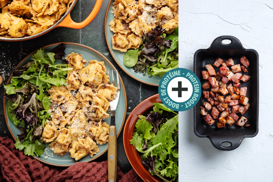 Protein Boost | Fast ’n’ Hot Tortellini Puttanesca with Pancetta