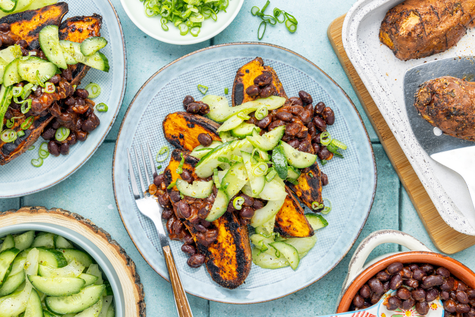 Loaded Sweet Potatoes with Spicy Buffalo Black Beans