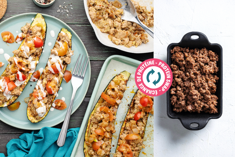 Protein Swap | Keto: Salsa Verde Ground Beef Stuffed Zucchini Boats