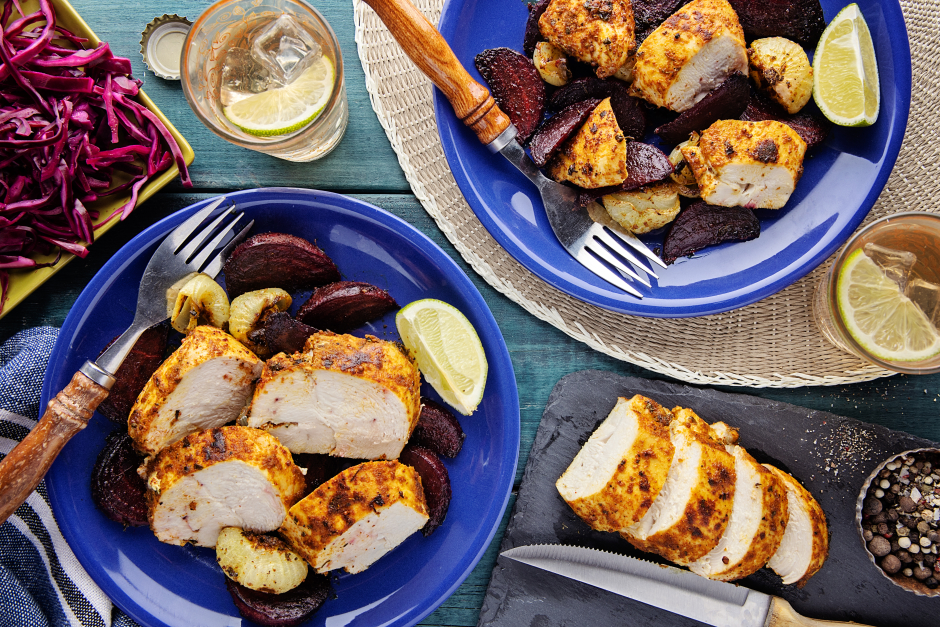 Carb-Wise: Indian-Spiced Chicken, Chioggia Beet & Cipollini Onion Traybake