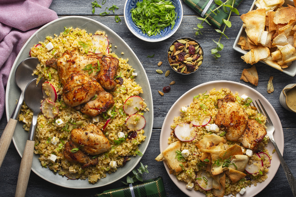 Herbed Chicken over Bulgur-Broccoli ‘Rice’ Salad