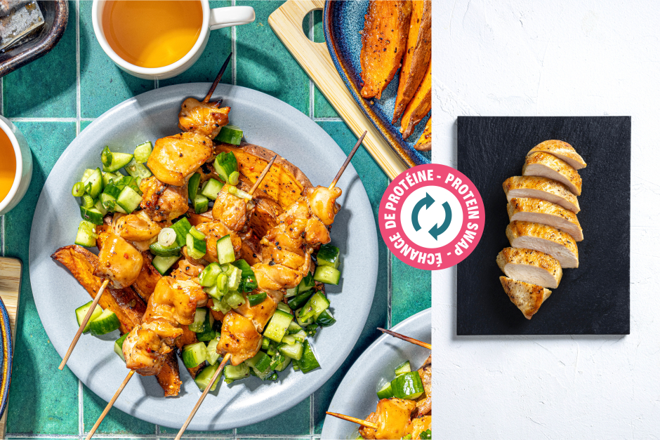 Échange de protéine | Poitrines de poulet Yakitori sur une plaque