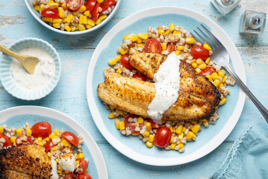 Hickory-Spiced Fish & Farro Salad