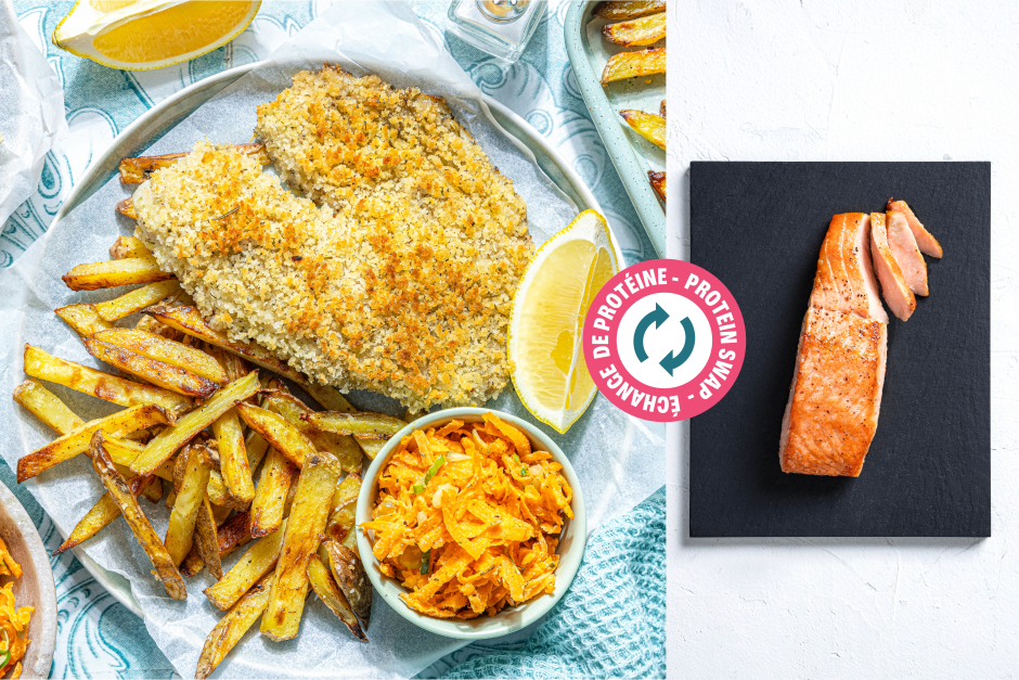 Échange de protéine | Fish and chips de saumon doré sur une plaque