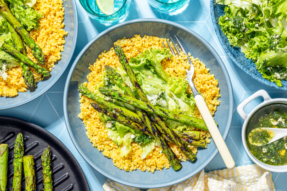 Grilled Asparagus Greek Grain Bowls