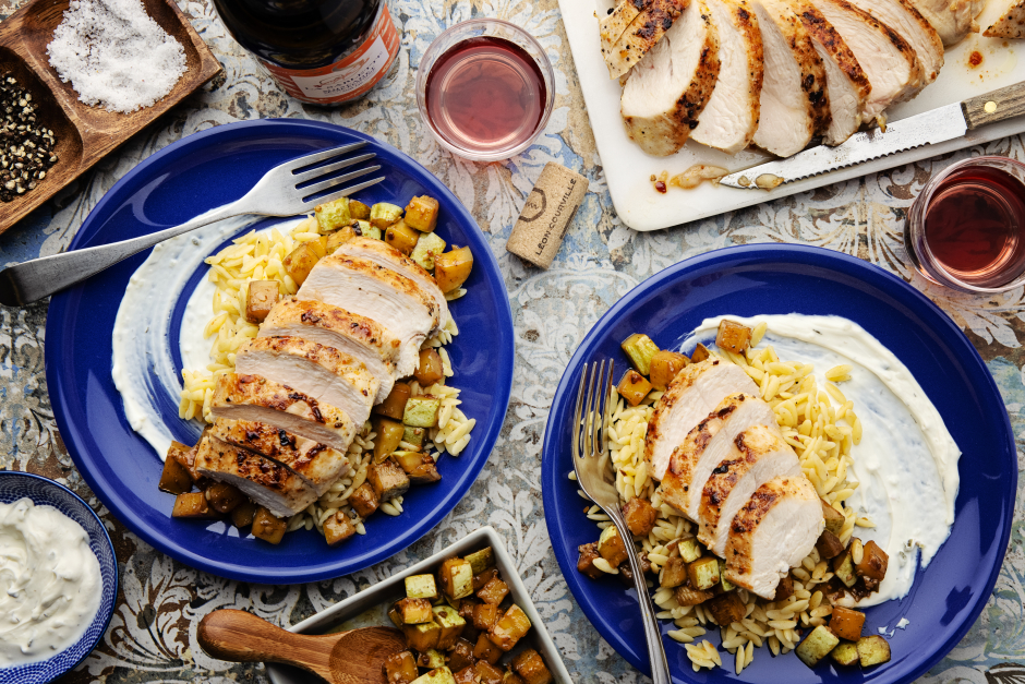 Seared Chicken Breasts over Garlicky Spiced Orzo