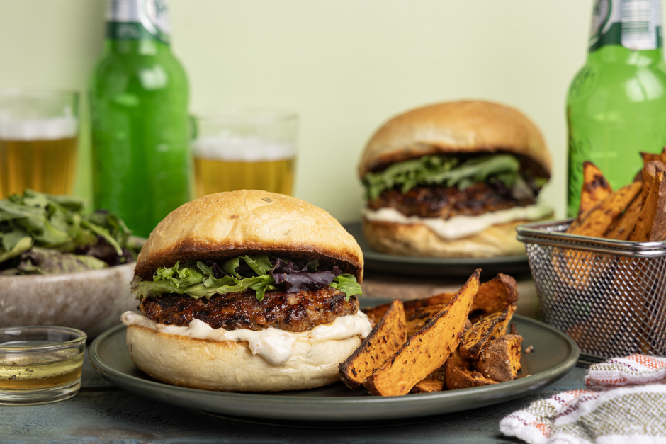 Pork & Cheddar Burgers with Caramelized Onion Mayo