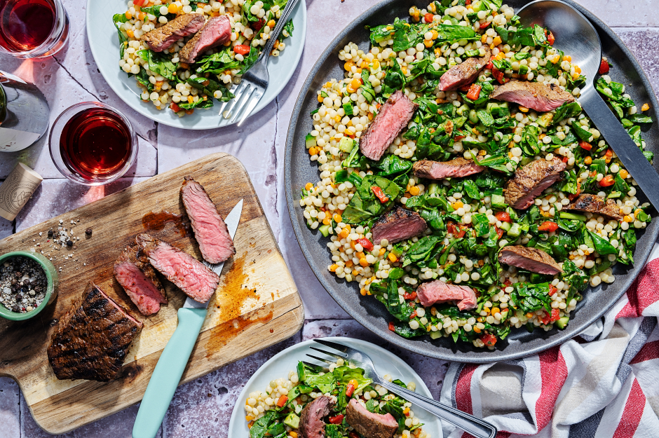 Grilled Steaks over Italian Pearl Couscous Salad